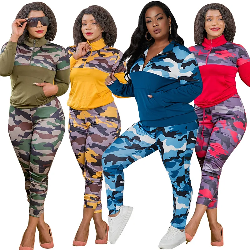 Winter Two Piece Set Women Tracksuit Zipper Stand Collar Tops Camouflag Pants Set Fashion Patchwork Two Piece Outfits