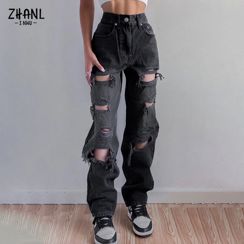 Black Ripped High Waist Jeans for women Vintage Clothes y2k Fashion Straight Denim Trousers Streetwear Hole Hip Hop Pant jeans