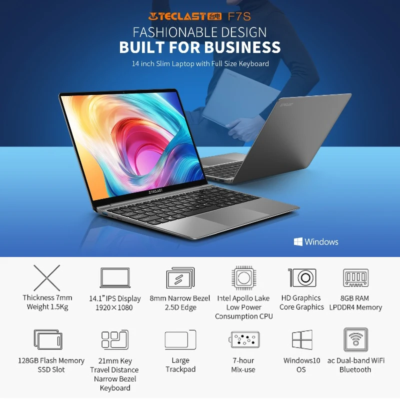 Teclast F7S Notebook 14.1“ 8 GB RAM 128 GB SSD Windows 10 Intel N3350 Dual Core 2.4GHz 2.0MP front Camera 7 hour mix-use Laptop