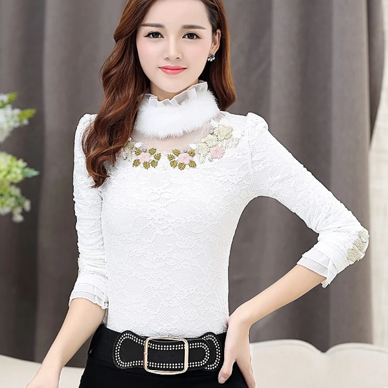 Autumn Winter Women Plus Velvet Thick Bottomed Shirt Female High Necked Lace Tops Long Sleeved Warm Blouses 3XL