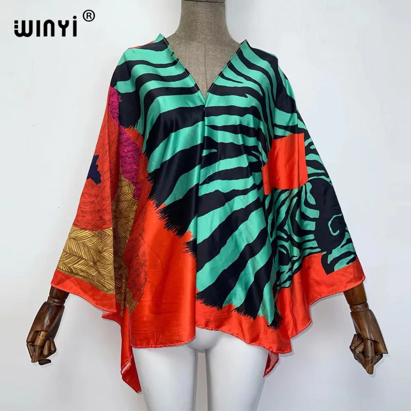 New Printed Middle East 2021 sexy Silk feeling Boho Swimwear Beach top clothes Batwing Sleeve abaya top dresses for women WINYI