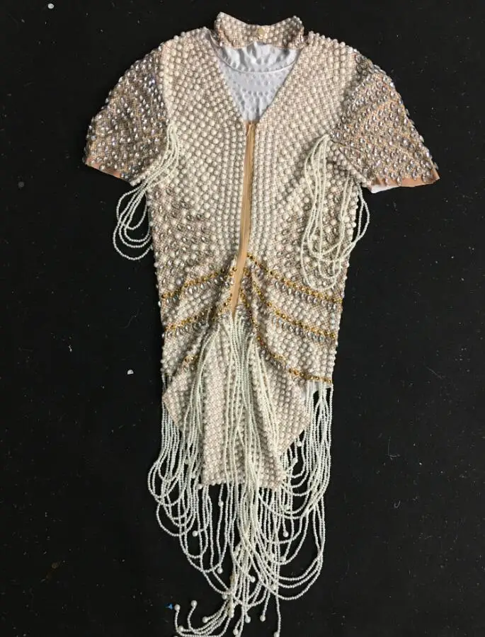 Fashion Rhinestones Pearls Bodysuit Sexy Stretch Dance Leotard Costume Performance Party Celebrate  Stage Show Stones Wear