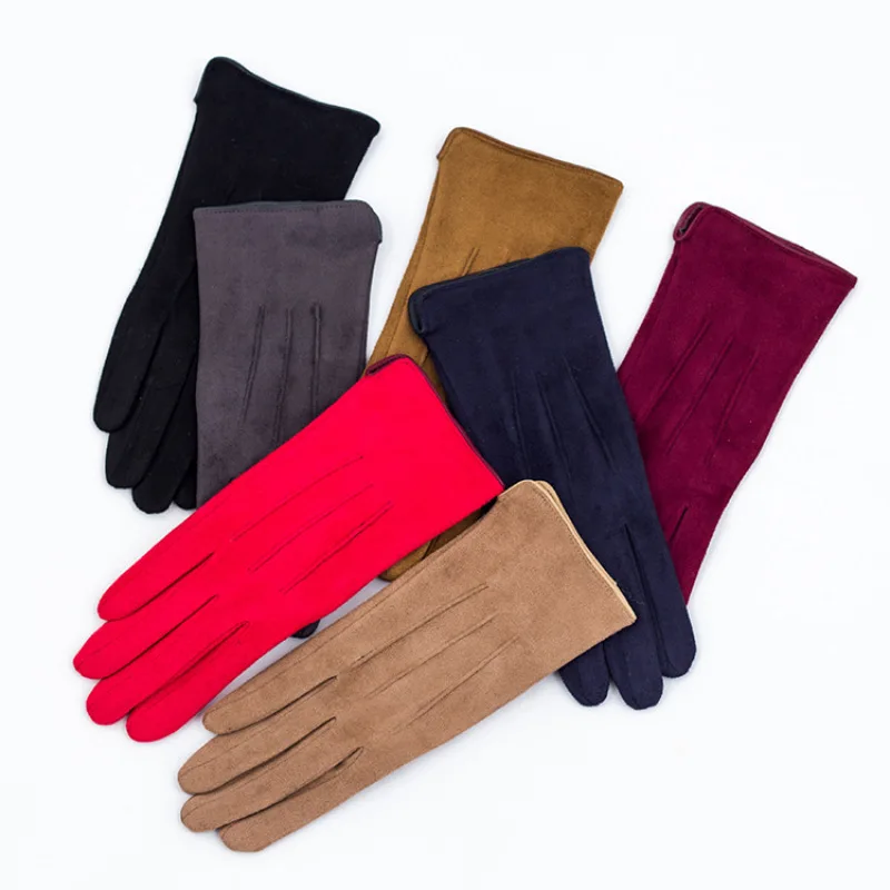 Women Winter Plus Velvet Keep Warm Touch Screen Thicken Stripe Solid Elasticity Suede Gloves Outdoor Sport Cycling Drive Mittens