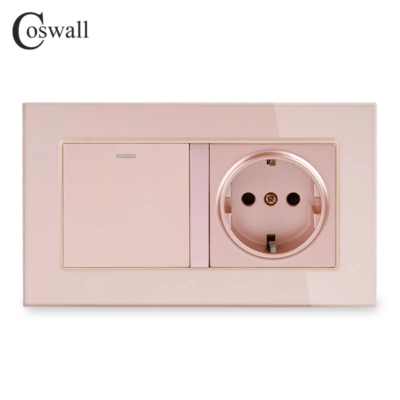 COSWALL Crystal Glass Frame Russia Spain EU Standard Wall Socket Grounded + 1 Gang 1 Way On / Off Light Switch 146*86mm