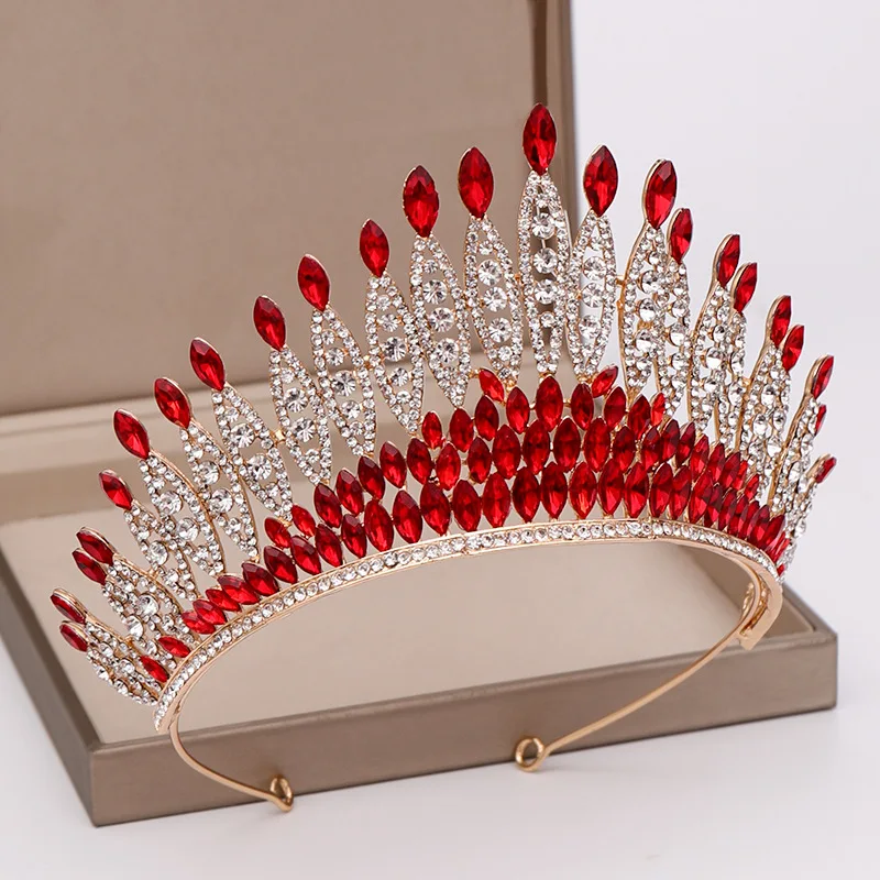 Baroque Sparkling Vintage Gold Color Red Crystal Bridal Tiara Crowns Diadem Pageant Rhinestone Headband Wedding Hair Accessories