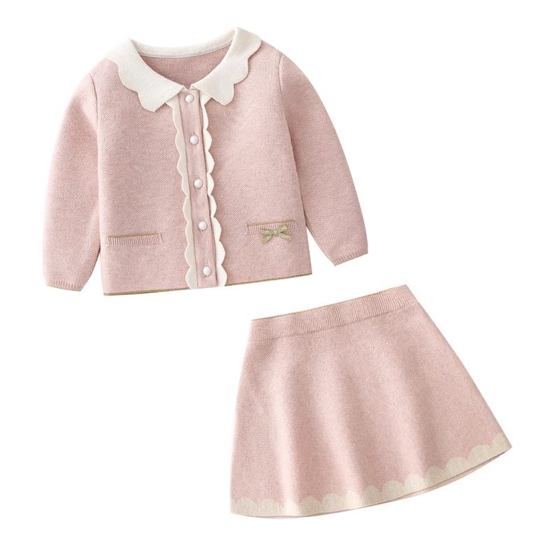 2024 new knitted suit for 1 2 3 4 5 years old girls fall pink clothes set cardigan+skirt children clothing kids outfit