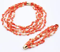 GuaiGuai Jewelry 5 Rows Natural Pink Rice Pearl Orange Coral Freedom Necklace Bracelet Sets Handmade For Women