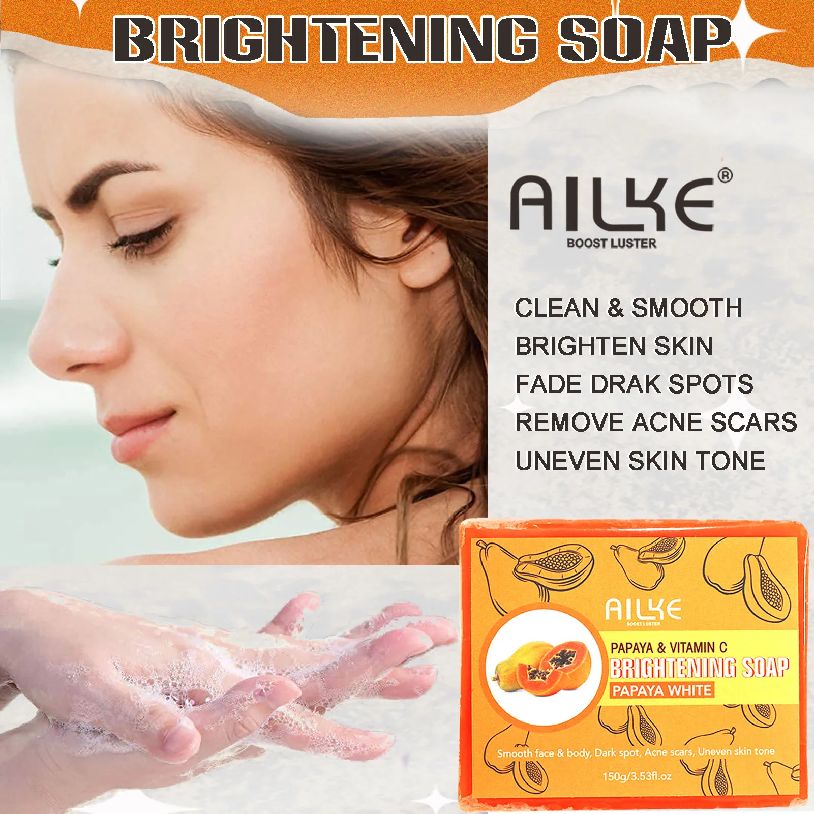 AILKE-Papaya Regina Bar, Nettoyant en profondeur, Hydratant, Peau lisse et douce, Éclaircissant, Convient pour le visage et le corps, Naturel