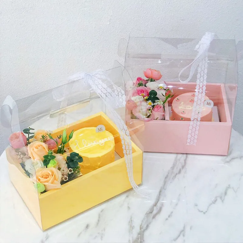 

1pcs High quality flower cake box gift boxes net red creative packaging boxes PVC protable clear plastic box folding empty box