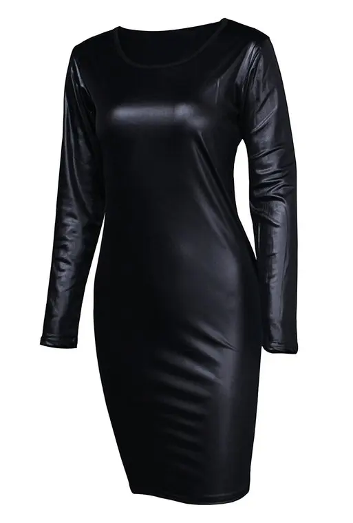 Fake Leather Dress Women Elegant Imitation Leather Slimming Dress F0435 Black Long Sleeve Summer