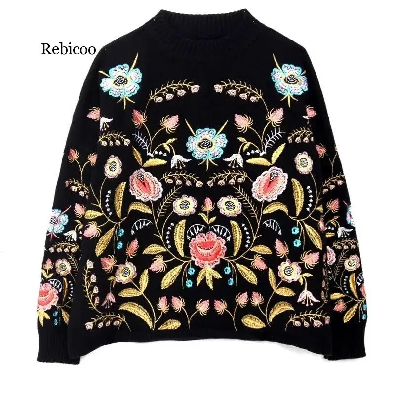 

Round Collar Flowers Embroidery Top Loose Korean Spring Autumn Long Sleeve Woman's New Fashion Sweater