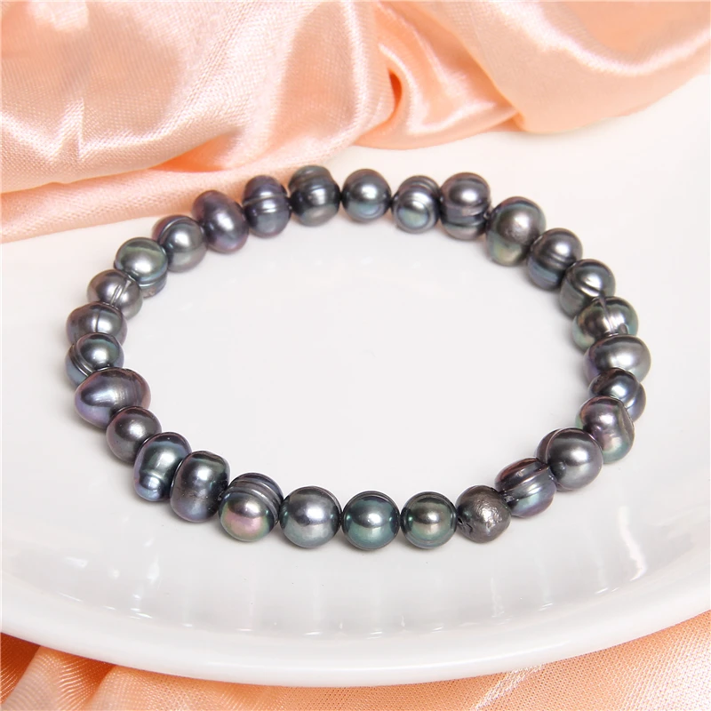 7-8 Freshwater Baroque Black Pearl Bracelet Genuine Natural Pearls Beaded Bangles Elastic Chain for Women Men Fine Jewelry Gift