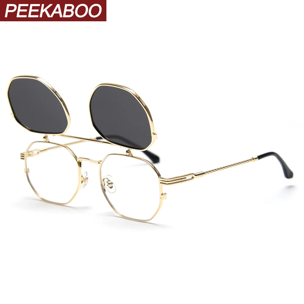 Peekaboo metal gold flip up sunglasses men polarized uv400 square optical glasses frame women high quality summer style 2021