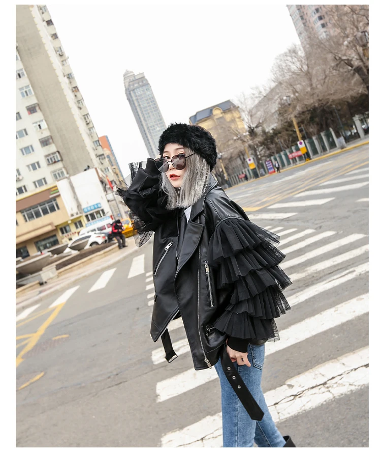 Lautaro Autumn Short Black Oversized Lace Patchwork Leather Biker Jacket Long Sleeve Loose Womans Clothing Fashionable Outerwear