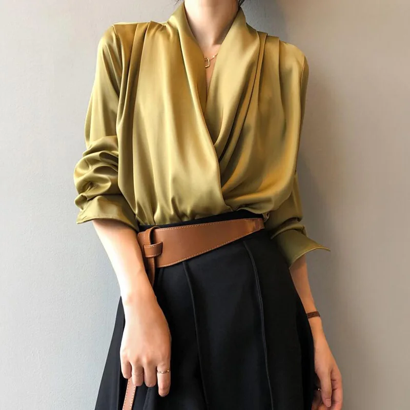 Elegant Women Satin Blouses Shirts Designer Ladies V-neck Shirts 2021 New Female Tops Fashion Office Lady Work Wear Clothes