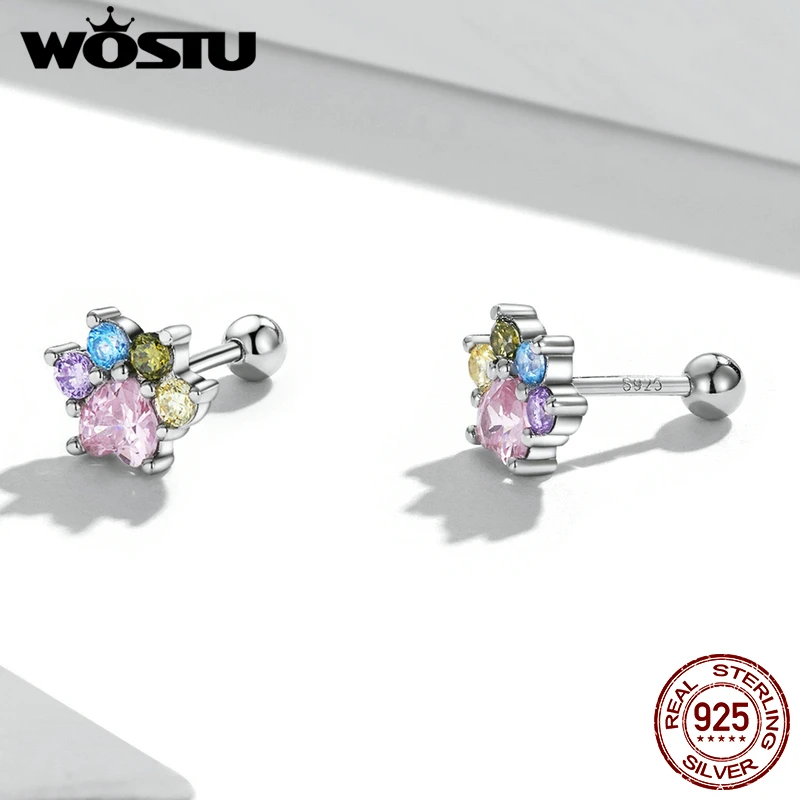 WOSTU 925 en argent Sterling chat chien animaux colorés pattes mignonnes arc-en-ciel boucles d'oreilles pour les femmes mode fête bijoux cadeau CQE1334