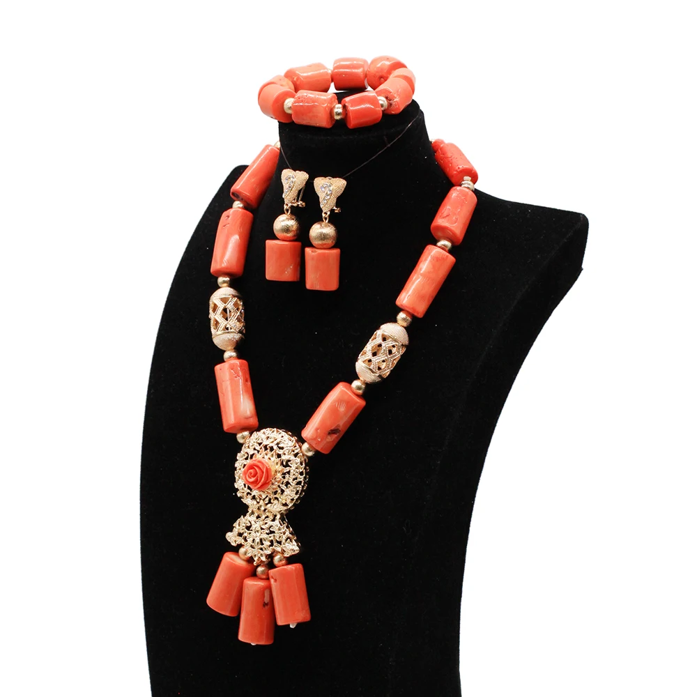 

New Original Coral Chunky Bib Statement Necklace Set Orange Nigerian Coral Beads African Jewelry Set ABG053