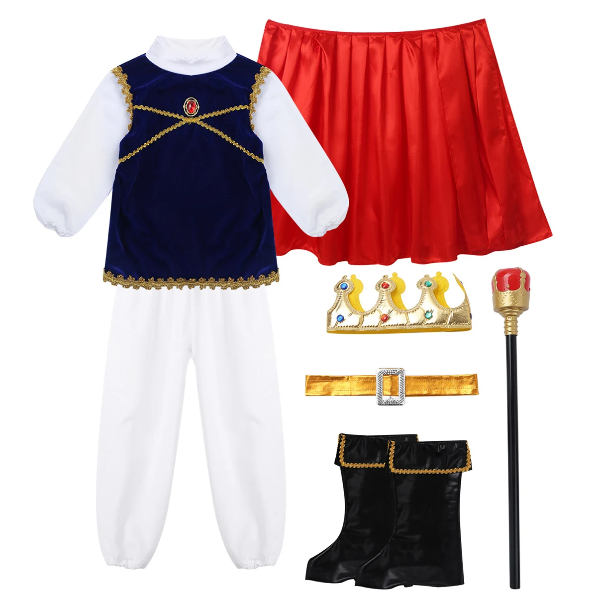 TiaoBug Kids Medieval Prince Costume Tops with Pants Belt Cloak Scepter Shoe Covers Set Boys Halloween Cosplay Party Dress Up