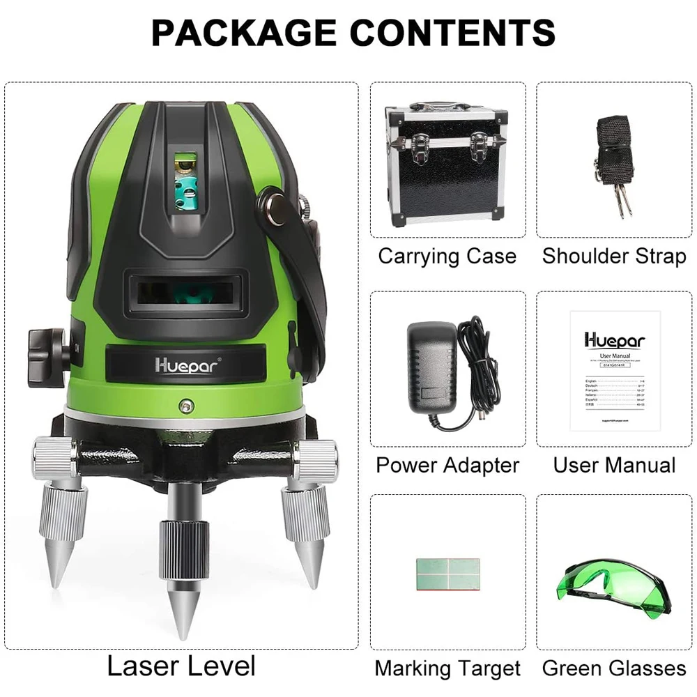 Huepar Green Beam Multi - Line Laser Level -Four Verticals and One Horizontal Line with Down Plumb Dot Self-leveling Laser Tool