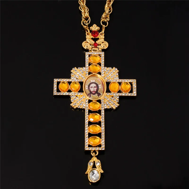 Noble Orange Crystal Color Orthodox Necklace Hot Selling Russia Cross Jewelry Pastor Craft Party Accessories Gifts with box