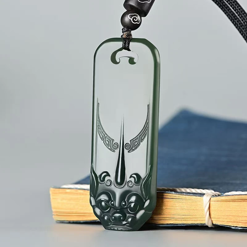 

Nature He Tian Jade Pendant Amulet Ancient Mythical Beast Hanging Energy Churinga Green jadite