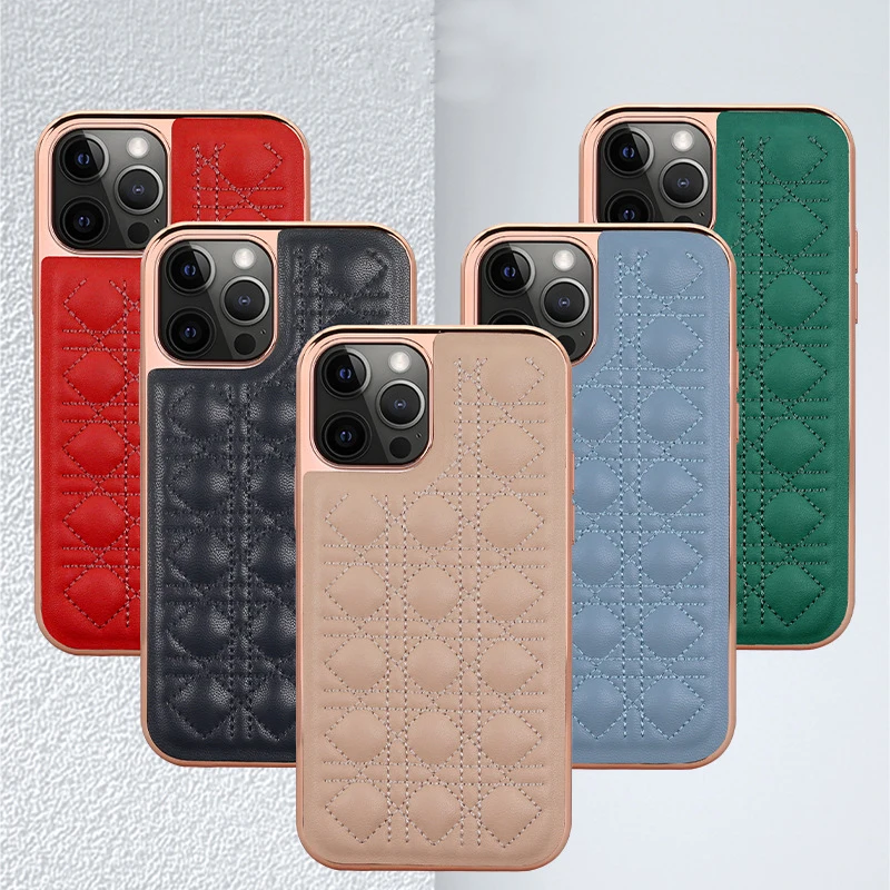 

Rose Gold Electroplated TPU Case Lambskin Leather Phone Cover for iPhone 13 12 11 Pro Max Mini