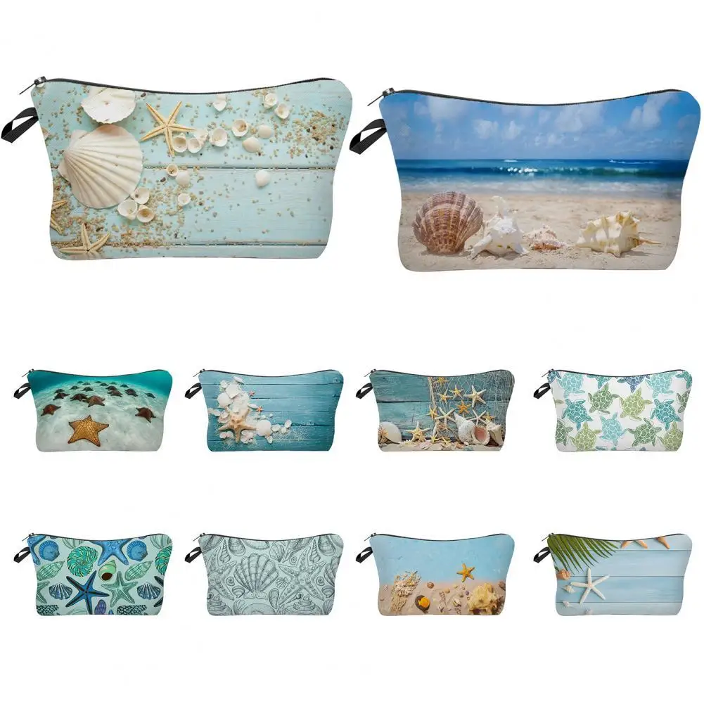 

Zipper Closure Portable Cosmetic Bag with Hanging Hole Polyester Seashell Starfish Print Large Capacity Toiletry Bag for Travel