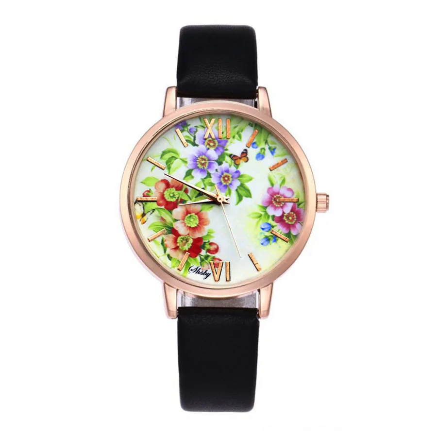 Shsby Brand Flowers Cowhide Leather Strap WristWatches Fashion Ladies Quartz Watch Women Dress Watches Femme Gold Casual Watch