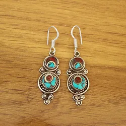 ER189 Nepal Indian Handmade Earring Copper Inlaid Colorful Stone Pair of Lovely Earrings for Girls New Style