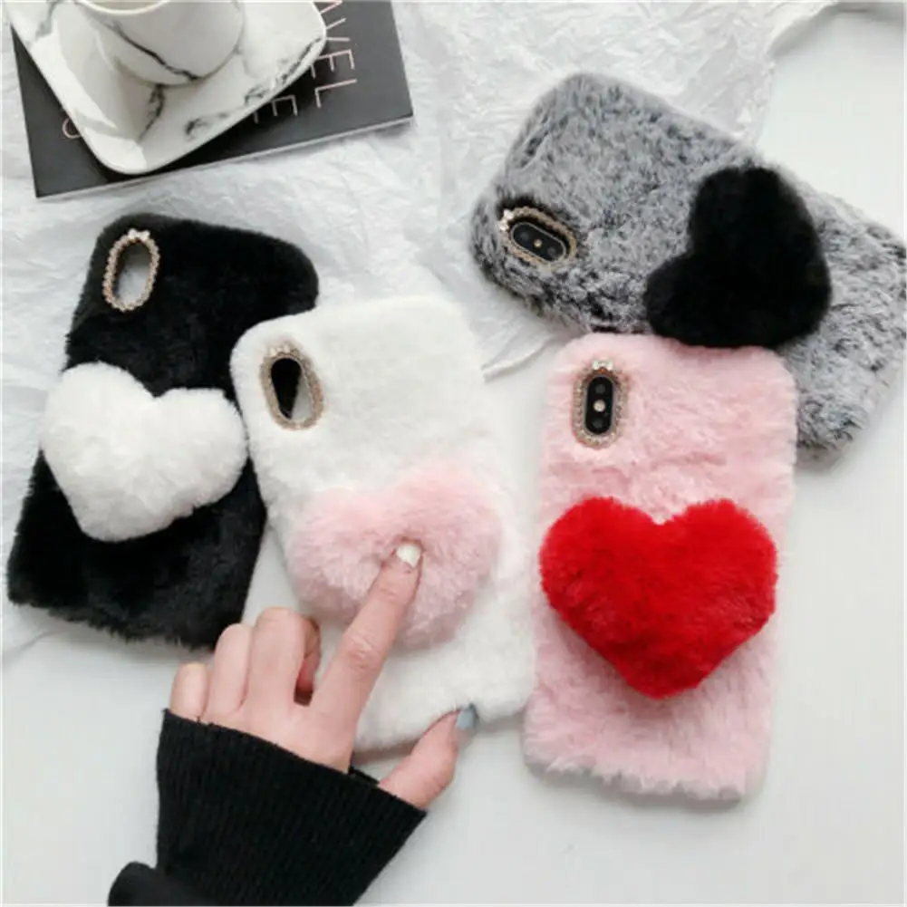 Fur Plush Heart Phone Case For Samsung Galaxy S6 S7 S8 S9 S10 S20 S8 Active S8 Plus S9 Plus S10 Plus S20 Plus Note 10 Plus 10 9