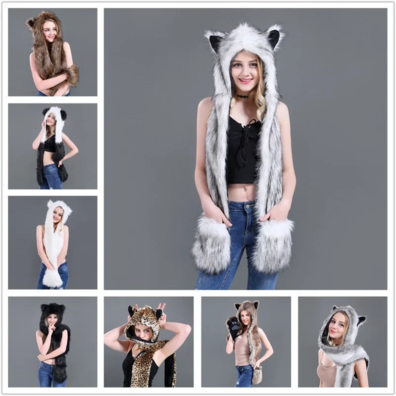 Chapeau en fausse fourrure pour femme, écharpe chaude, motif de dessin animé léopard, gants en fourrure animale, cadeau de noël, hiver, T01