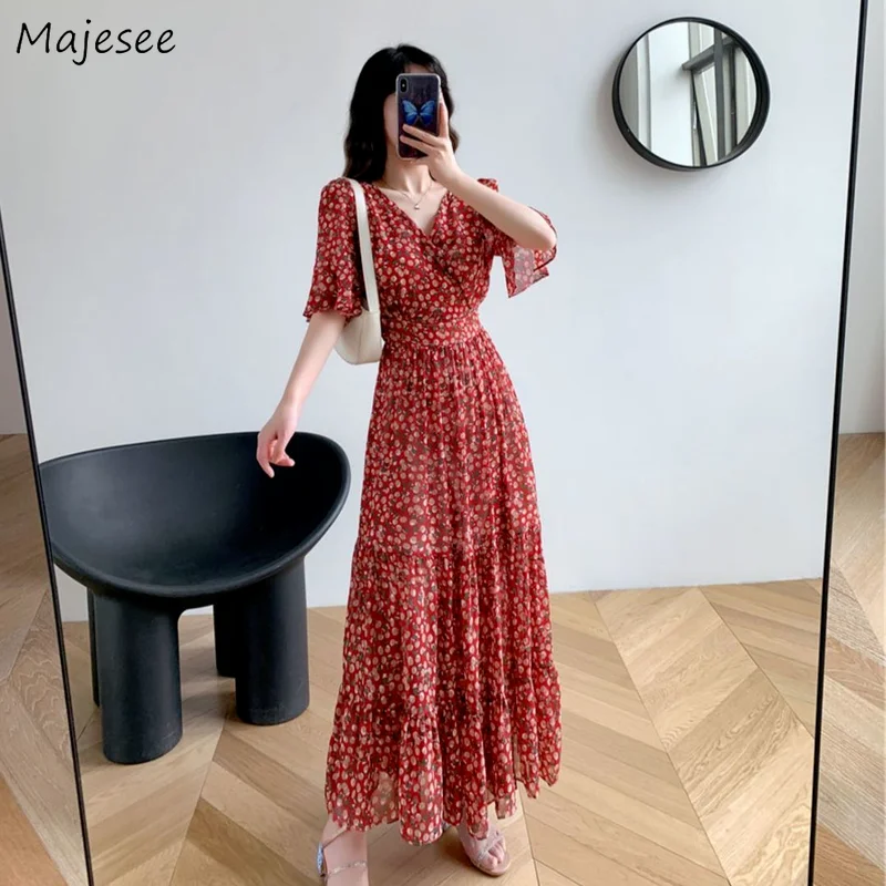 Dress Women Sexy V-neck Ankle-length Red Floral Elegant Flare Sleeve Chiffon Clothing Holiday Ruffles Abdomen Lady Trendy Retro