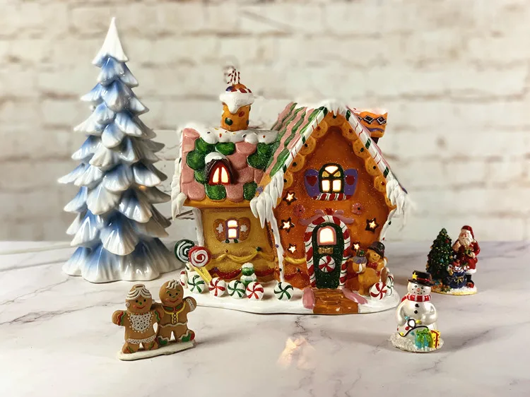 Export tailstock ceramic owell gingerbread house scene night light house handicraft gift ornament