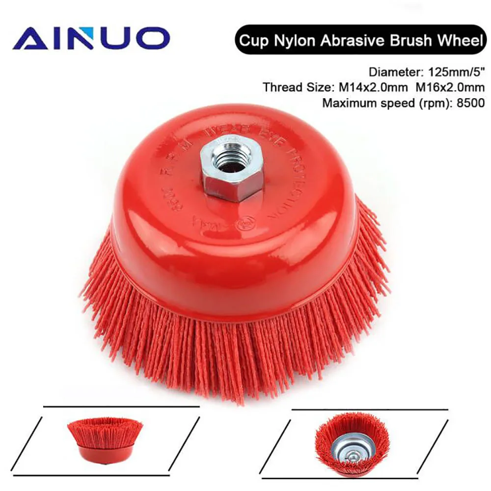 125mm Cup Nylon Abrasive Brush Wheel Pile Polymer-abrasive M14 M16 Angle Grinder Tool for Metal