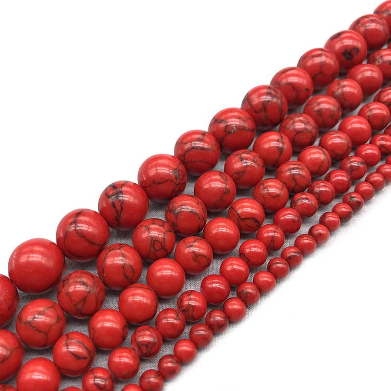Wholesale Natural Red Howlite Turquoises Stone Round Loose Beads 4 6 8 10 12 Bracelet Fit Diy Charm Beads For Jewelry Making