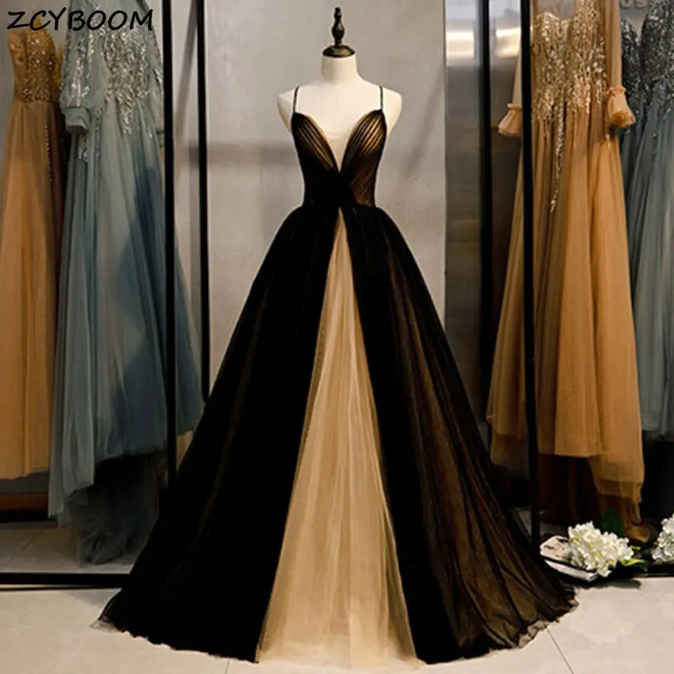 

Gold Black Prom Dresses 2023 Sexy Women Formal Party Vestido De Gala Illusion Spaghetti Straps A-Line Elegant Long Evening Gowns