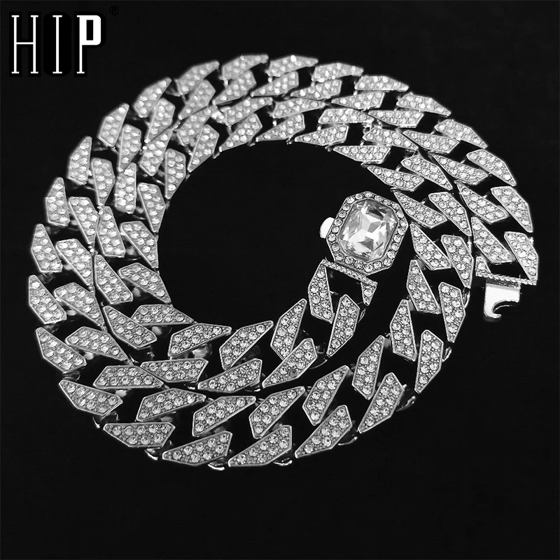 Hip Hop 13MM Square Iced Out Crystal Cuban Chain Full Rhinestone Bracelet Necklace For Men Women Jewelry