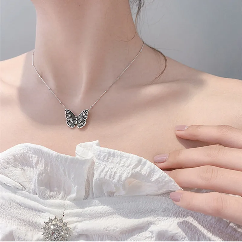 

Buyee 925 Sterling Silver Female Big Pendant Chain Elegant Gray Butterflies Necklace for Women Girl Fashion Fine Jewelry Chain