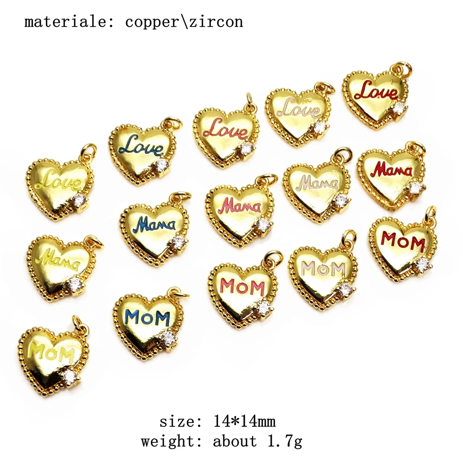 Heart shape MAMA letter small pendant Love MOM charms Drops paint micro zircon gold plated DIY bracelet earrings accessories