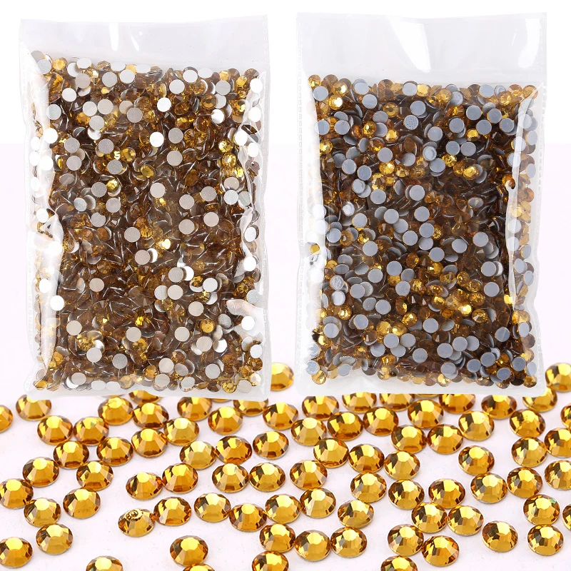 QIAO Gold Yellow Crystal Flatback Rhinestones Non Hotfix Glue on Glitter Gem Strass Nail Art Clothes Rhinestones Crafts