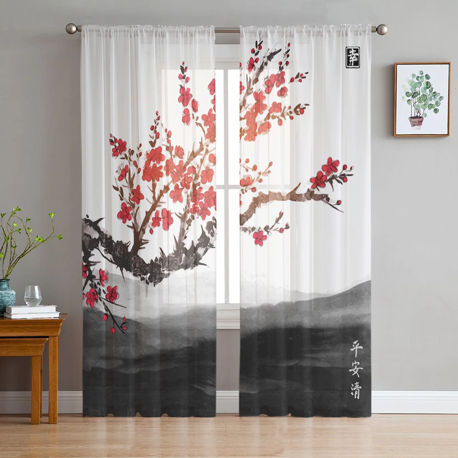 

Cherry Blossom Tree Flower Painting Chinese Style Tulle Curtains for Living Room Decoration Chiffon Sheer Voile Kitchen Curtain