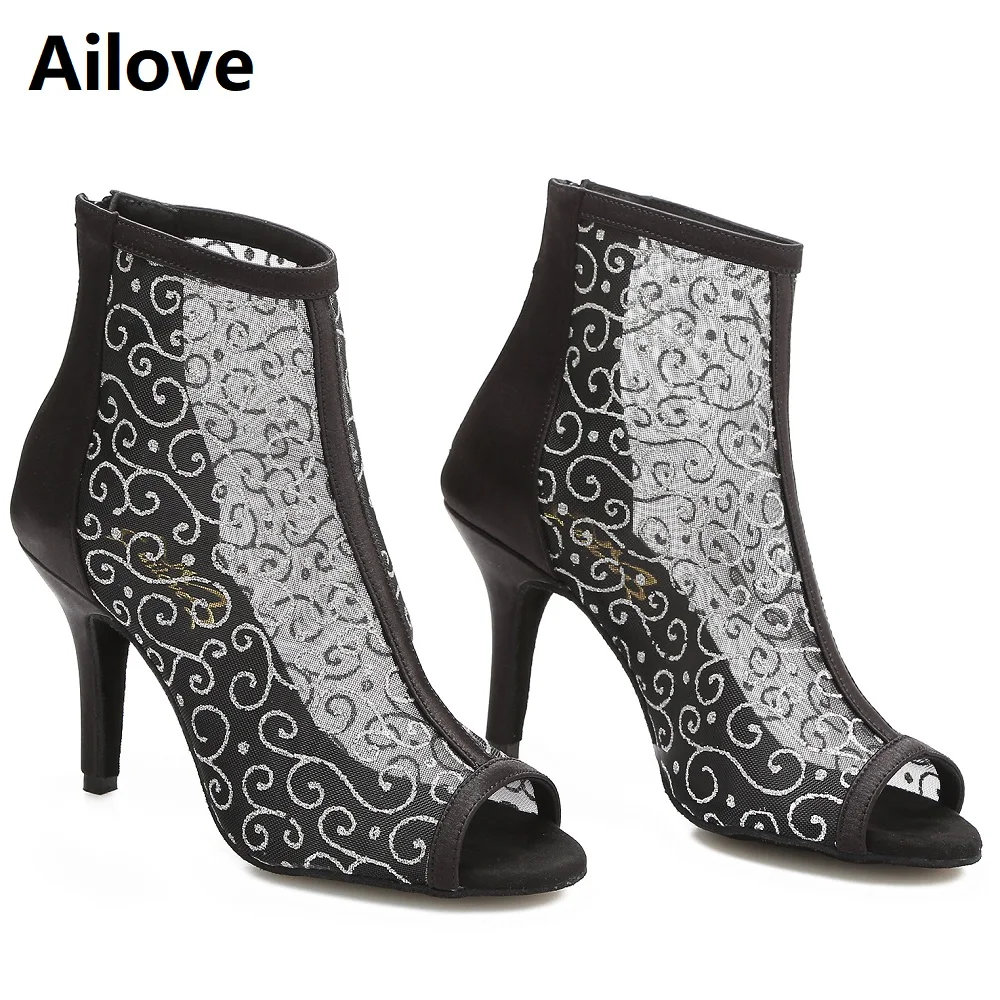 Ailove Women`s Social Ballroom Latin Salsa Dance Boots Print Air-mesh Party Dancing Shoes with Black Satin Back Heel Sandal S057