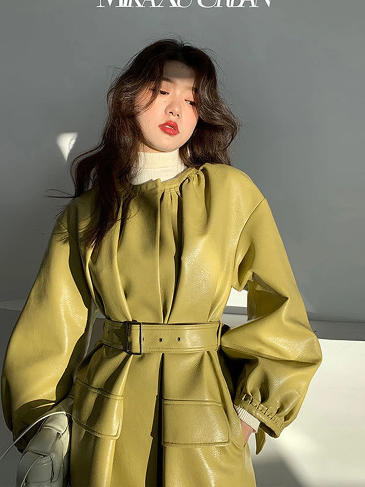 KBAT 2023 PU Leather Long Jacket Korea Fashion Autumn Green Windbreaker Faux Leather Sashes Office Lady Coat Outwear