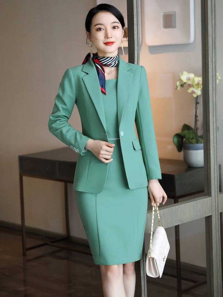 Fashion Styles Formal Uniform Designs Blazers Set for Women Business Work Wear Suits with Dress and Jackets Coat OL Blazers Set