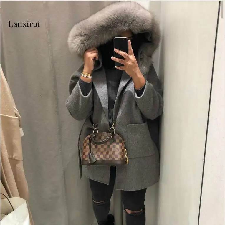 Wool Fox Fur Trim Hooded Women Wool Coat Winter Warm Woolen Overcoat Elegant Solid Color Coats With Belt