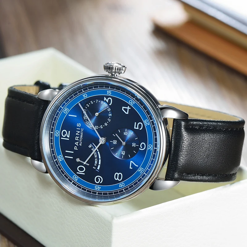 Luxury Brand Parnis 42mm Blue Dial Automatic Mechanical Men's Watches Leather Strap Calendar Sports Watch For Men reloj hombre