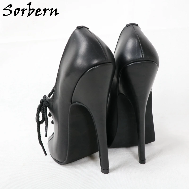 Sorbern Fashion Women Pump Shoe Lace Up 16Cm Heels Stilettos Open Toe Black Matt Custom 14Cm Heeled Shoes Crossdressers Heels