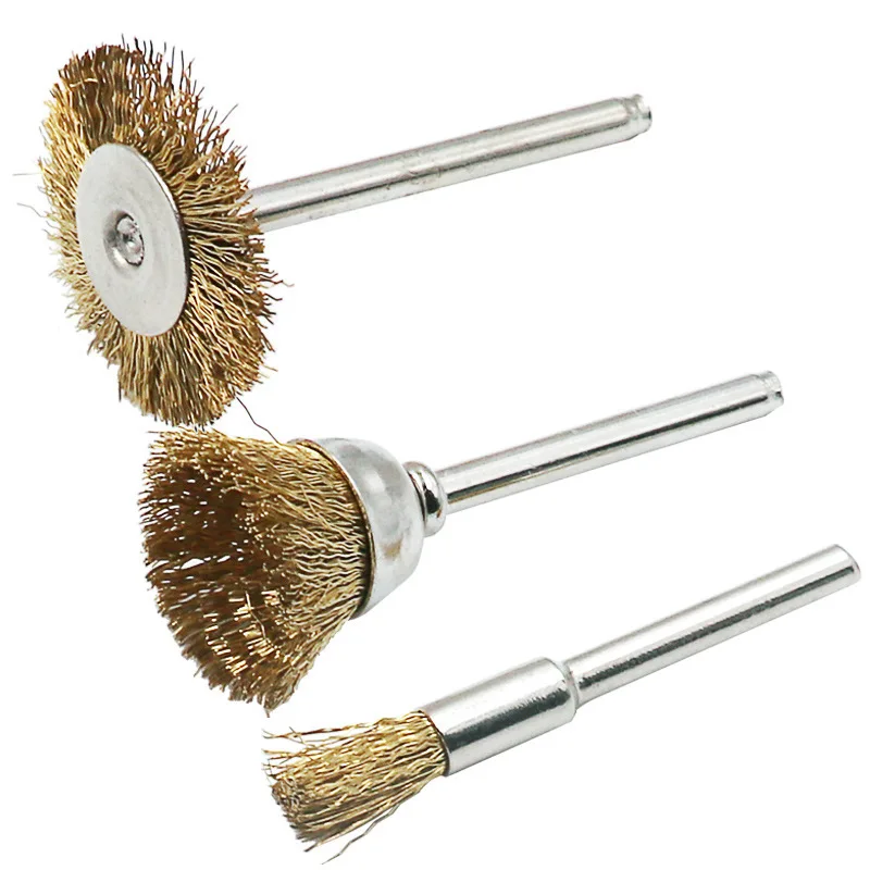 3pcs Copper Wire Brushes Metal Brush Rust Removing Brush Polishing Brush For Dremel Rotary Grinder Tool 3mm Handle T-Wheel