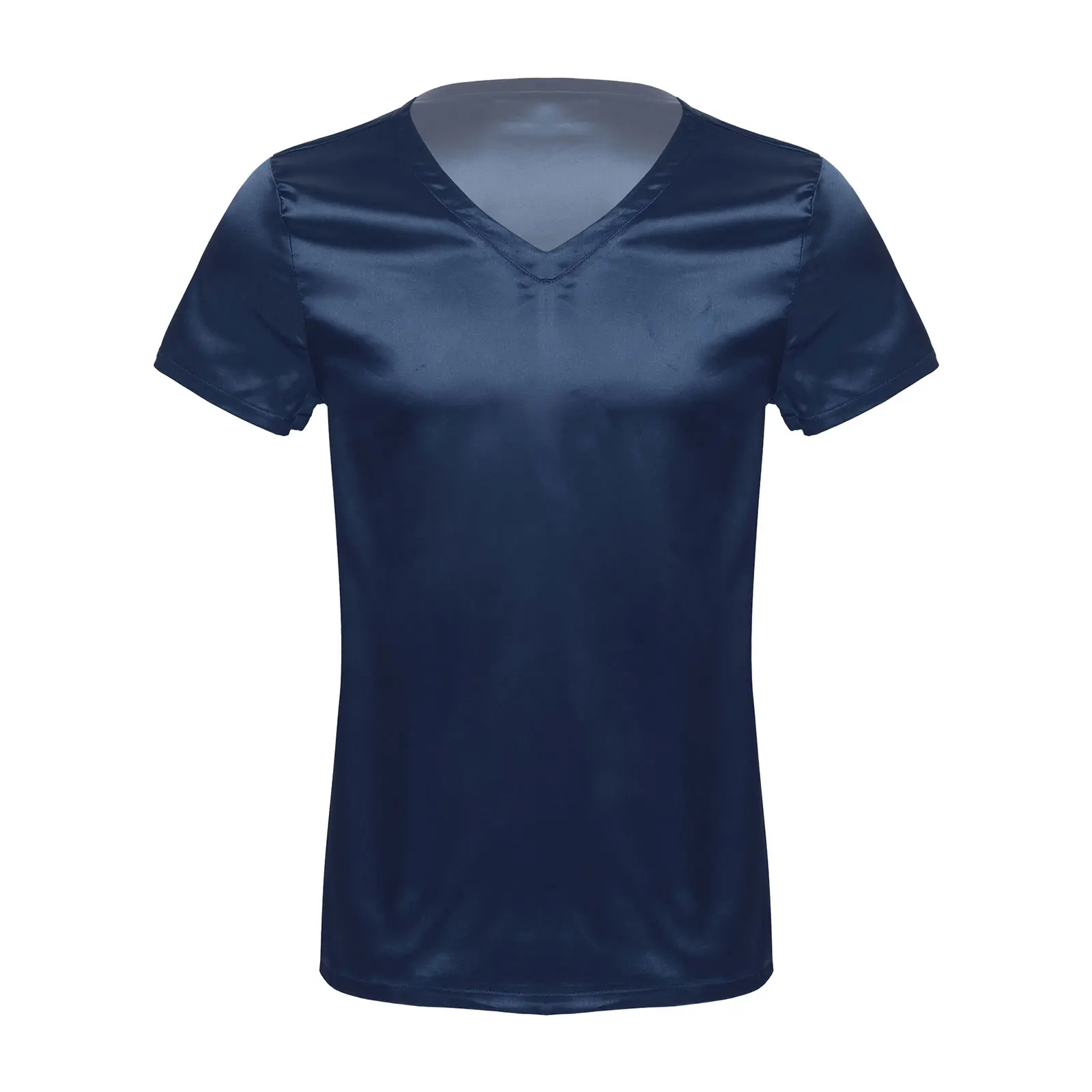 iiniim Mens Satin T-Shirt Male V Neck Short Sleeve Casual T-Shirt Loose Pajamas Tops Solid Color Loungewear Sleepwear Tees Tops