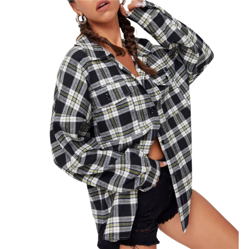 Plaid Shirts for Women Button Down Shacket Vintage y2k Shirt Coat Long Sleeve Lapel Oversized Casual Fall Jacket Tops Outwear